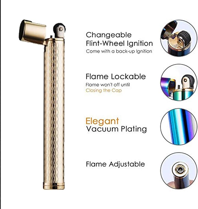 Lighter Cigarette Shaped Butane Refillable Fire Starter with Back-up Flints Gifts for Men Women Lady (Excluding Butane) (Golden)