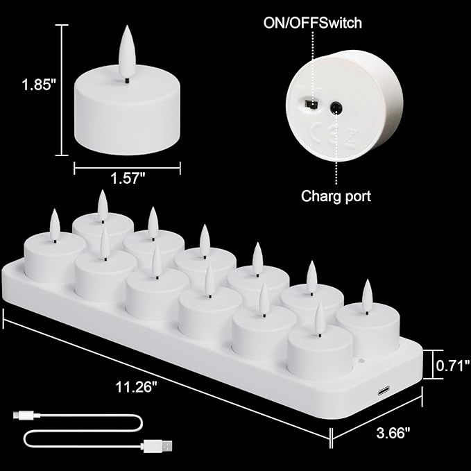 GenSwin 12 Rechargeable Tea Lights Candles with Charging Base and Remote Timer, Flameless LED Tealight Candles Battery Operated Halloween Fall Wedding Table Centerpieces (1.57” x 1.85”)