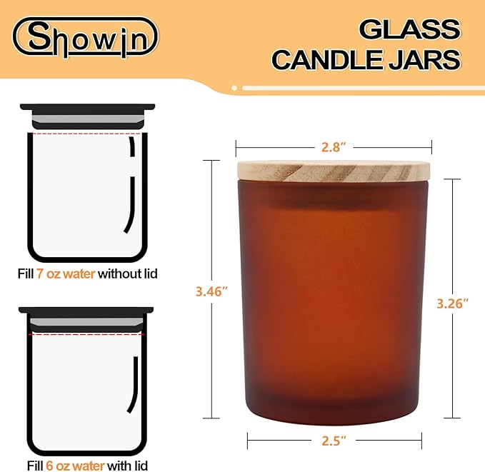 SHOWIN Thick Candle Jars for Making Candles 12 Pcs, 7 OZ Empty Jars with Wood Lids for Candle Making, Sample Container, Frosted Brown