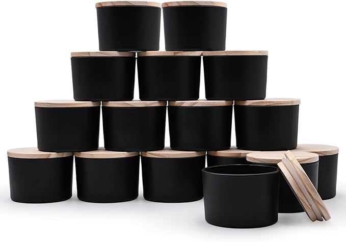 SHOWIN Thick Candle Jars for Making Candles 16 Pcs, 4 OZ Empty Jars with Wood Lids for Candle Making, Sample Container - Dishwasher Safe,Matte Black