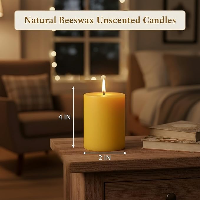 Unscented Beeswax Pillar Candles, 2x4in Yellow Pillars, 2-Pack, Long Lasting 35 Hours Each, Clean Burn Low Soot, Dripless, for Home Décor, Church Altar, Meditation, Power Outages, Holidays