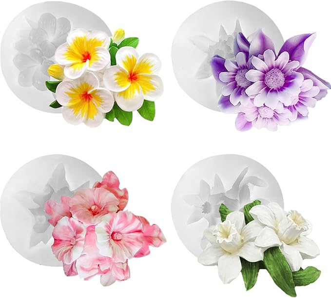 4PCS Flower Silicone Mold 3D Cute Flower Resin Candle Molds for Candle Making Sun Flowe Daffodils Petunia Plumeria Flowe Silicone Mold Resin Aromatherapy Gypsum Wax Soap Clay Craft