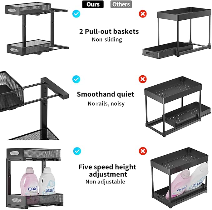 2 Pack Under Sink Organizer and Storage, 2 Tier Pull Out Sliding Cabinet Shelf, 5-Level Height Adjustable Thickened Carbon Steel Storage Rack for Kitchen Bathroom Cabinet, Black