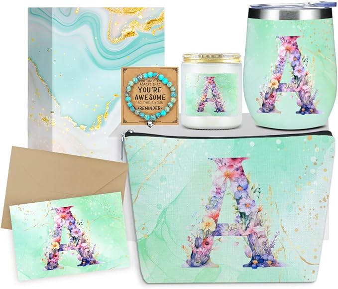 Personalized Gifts Monogrammed Birthday Gifts for Women, Bridesmaid Bachelorette Party Wedding Christmas Initial Wine Tumbler Makeup Bag Scented Candle Bracelet Set, (Aesthetic Green Flower A)