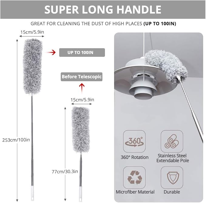 Webster Cobweb Duster, Feather Duster for Home, Extendable Dusters for Cleaning High Ceiling Fans, Hand Wall Duster, Long and Washable Dust Brush Gray
