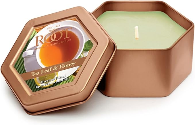 Root Candles Scented Candles in Travel Tin 24-Hour Honeycomb Traveler Handcrafted Beeswax Blend Candle, 4-Ounce, Tea Leaf & Honey
