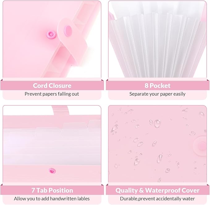 SKYDUE Pink Accordion File Organizer, Expanding File Folder with 8 Pockets, Expandable Document Paper Receipt Organizer, Letter/A4 Size Filing Folder School Office Supplies