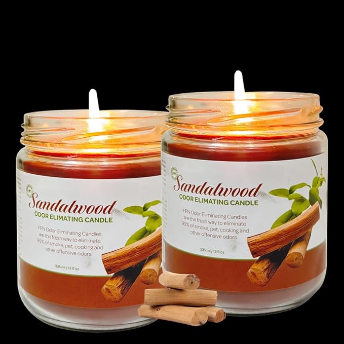 Odor Eliminating Candle Set (Sandalwood) - Pack of 2 (12oz) | 90-Hour Burn Time | Premium Soy Wax Candles | Eliminates 99% of Pet, Kitchen, & Smoke Odors | Eco-Friendly & Long-Lasting