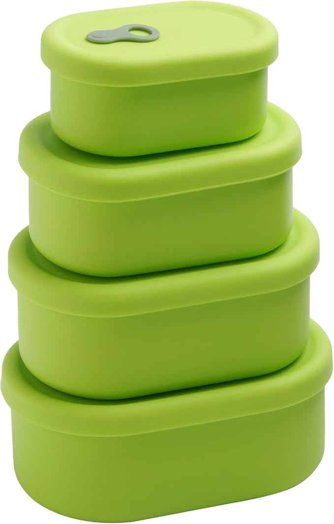 Premium Korean-Made Silicone Airtight Food Container with Steam Vent – BPA Free, Leakproof, Microwave & Freezer Safe Meal Prep. & Leftovers Storage (Green Apple, 4p Multi-Size Set)