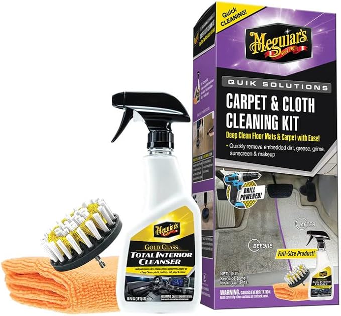 Meguiar's Carpet & Cloth Kit,This Car Care Kit includes a Premium Fabric & Carpet Cleaner and Accessories,A Plush Microfiber Towel and 4” Drill Brush Attachment to Thoroughly Clean Interiors, Kit