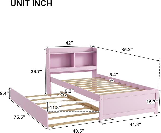 Harper & Bright Designs Twin Size Platform Bed with Bookcase Headboard and Trundle, Wooden Twin Platform Bed Frame with Bookself for Kids Girls Boys, Pink