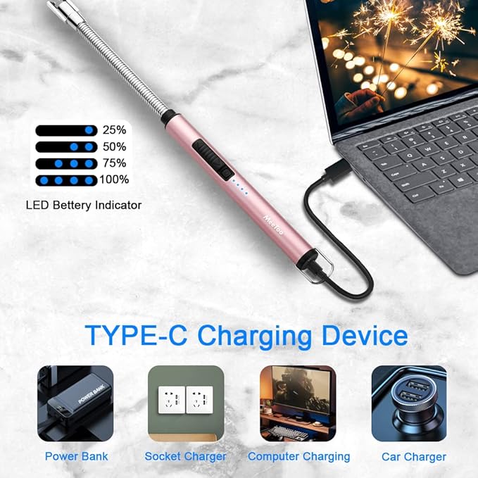 MeeToo Lighter, Electric Candle Rechargeable USB Lighter Plasma Arc for Candle Birthday Camping Rose Gold