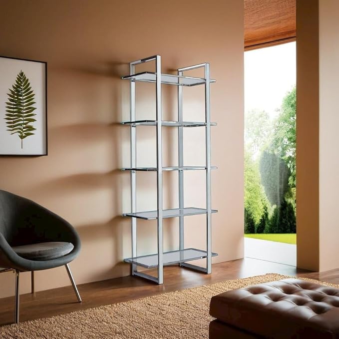 Contemporary Five-Tier Bookcase with Clear Glass Shelves in Polished Chrome by FurniFact