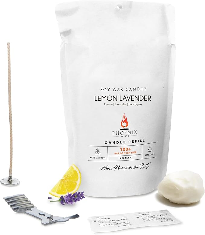 Phoenix Wick Candle Making Kit – Transform Anything Into A Candle – Candle Making Kit with Wick + 14oz Wax (Lemon Lavender Scent)