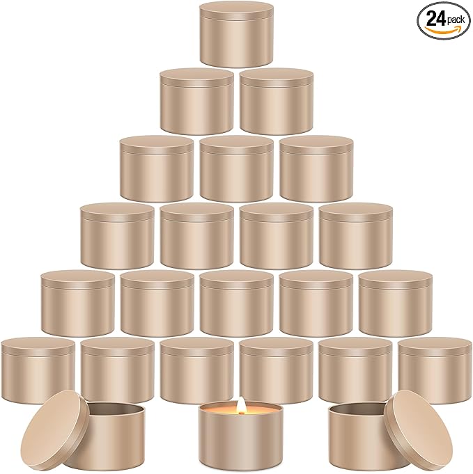AOSWELE 24 PCS Gold Candle Tins 8 OZ Bulk, Premium Empty Candle Tin Jars 8OZ, Matte Candle Tin Container, Candle Tin Can, Sleek Candle Vessel for DIY Candle Making Supplies Kit