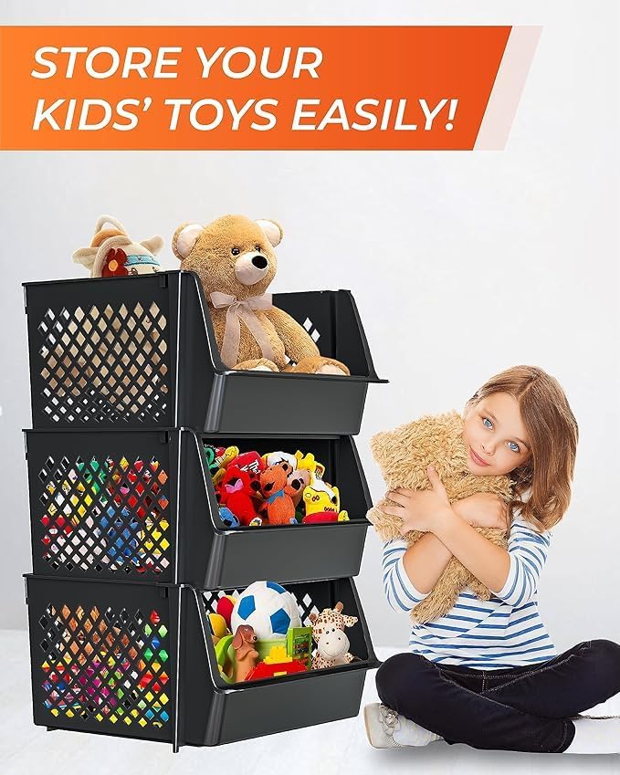 TidyFriend Plastic Stackable Bins for Pantry, 6 Pack Large Stacking Bins Open Front Kitchen, and Bathroom Organization, Open Front Design (Black)