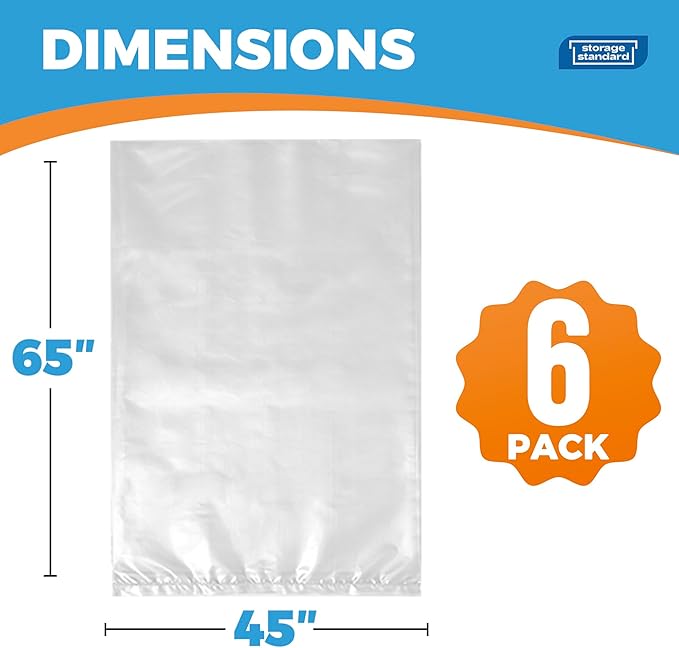 Storage Standard Large Clear Plastic Bags for Storage 6-Pack - Waterproof Extra Large Plastic Bags with Zip Ties, Heavy-Duty Cover for Rugs, Patio Cushions, Décor & Oversized Items - 45 x 65 Inches