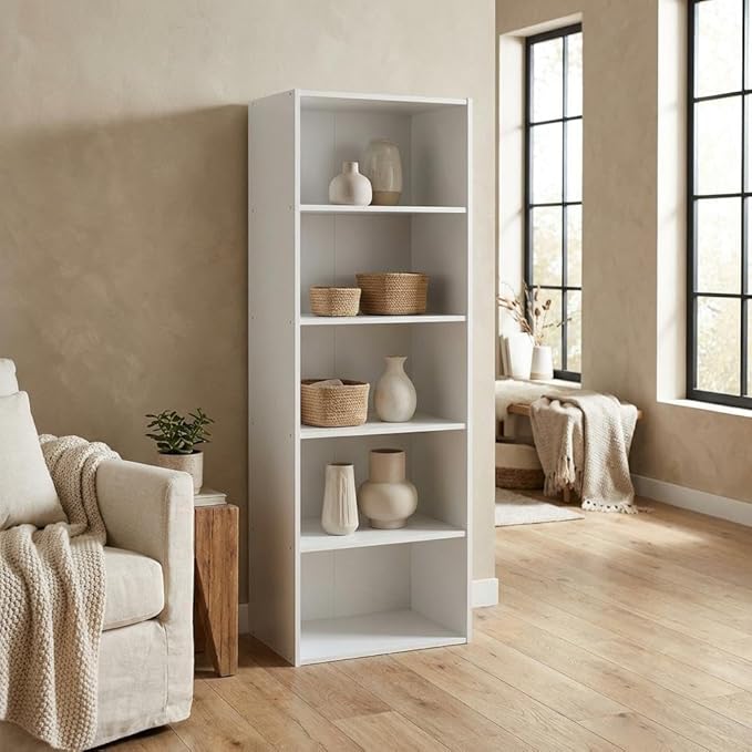 Furnifact 5-Tier Open Shelf Bookcase, Bookshelf, Storage Organizer, White, Durable Wood Construction, Multi-Functional Home Office and Living Room Display