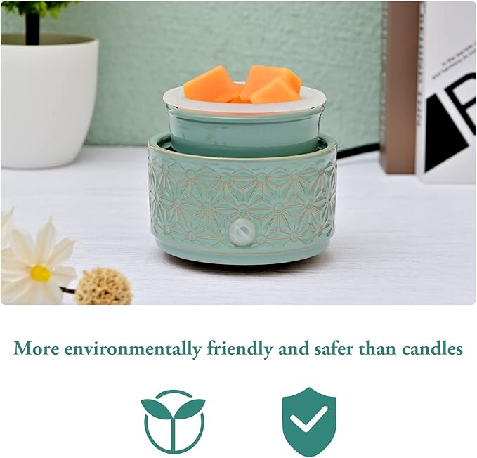 ASAWASA Wax Melt Warmer with 1 pc Silicone Dish,3-in-1 Ceramic Wax Melter Burner for Kitchen Home Spa Yoga Gift (Cyan Hexagon Pattern)