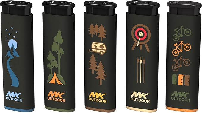 MK Lighter Outdoor Series Alpine Set 5-Pack Assorted Design Multipurpose Refillable, Windproof Flame, Slip Guard Candle & BBQ, Prepping & Camping Supplies, Survival Lighters (OUTDOORSMEN)