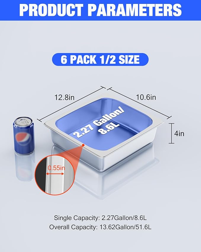 Steam Table Pan Hotel Pans: 1/2 Half Size 6 Pack 4 Inch Deep Stainless Steel Hotel Pan for Food - Commercial Catering Pan for Hotel Restaurant Buffet Party Supplies