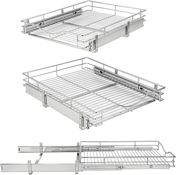 DINDON 1 Tier Pull Out Cabinet Organizer (17" W x 18" D) Heavy-Duty Metal Sliding Drawer Shelf, Slide Out Wire Basket for Kitchen Cabinets, Pantry, Bathroom, Chrome Finish…