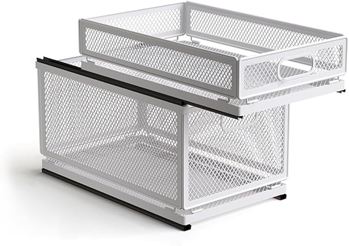 Pull Out Cabinet Organizer, Slide Out Drawers Fixed with Adhesive Nano Film, Pantry Shelves Sliding Drawer Storage Organization for Kitchen (Double Layer 19.7 * 13.8 * 12.6inch/50 * 35 * 32cm)