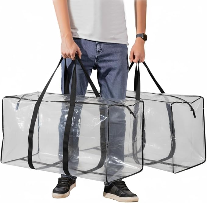 Heavy Duty Extra Large Moving Bags,121 Gallon Jumbo Packing Bags,Huge Moving Storage Bags with Strong Zippers & Carrying Handles,Reusable Big Moving Storage Bags for College Dorm Travel 2Pack,Clear