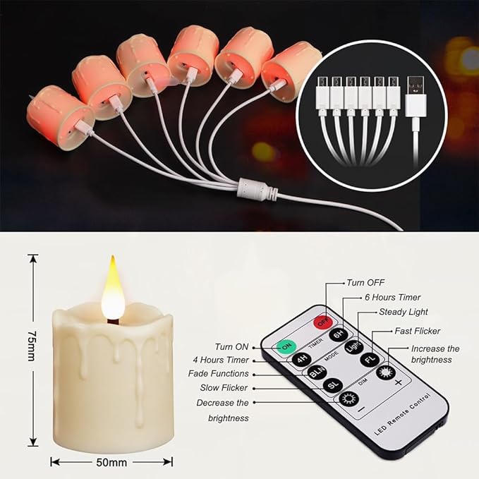 Rechargeable Tea Lights Candles with Remote, 6pcs Tea Lights Candles Battery Operated with Timer & USB Cable, Flameless Tealight Candle for Halloween, Home, Christmas Decoration