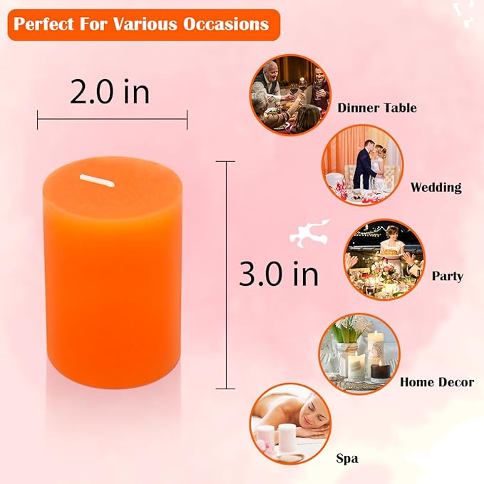 Set of 4 Unscented 2x3 Inch Orange Pillar Candles, Small Dripless Solid Fall Colored Autumn Harvest Column Candles for Thanksgiving Day Home Party Holiday Celebration, 24 Hour Burning