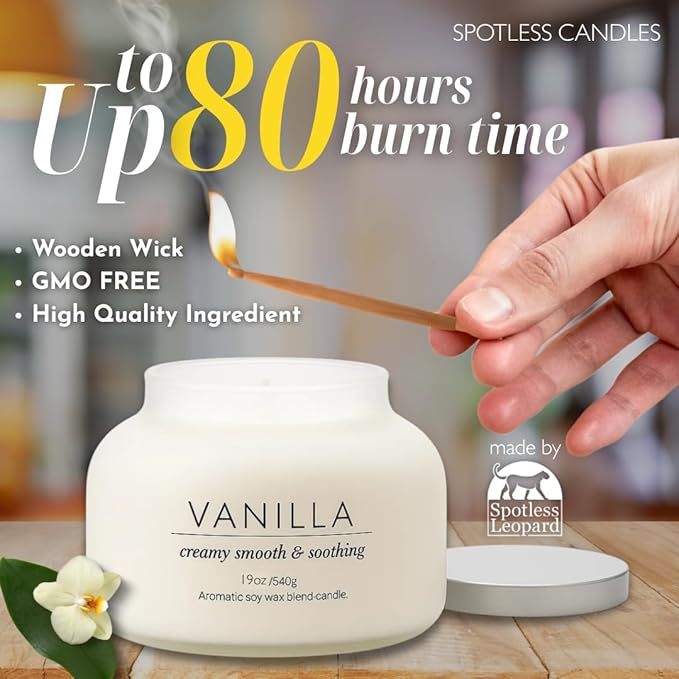 Volcano Vanilla Candle 19oz:- with a Crackling Wooden Wick in Large 4" x 5" Large Elegant White Glass Jar in a Presentation Gift Box and Protective Shipping Box