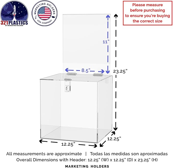 Marketing Holders 12 Inch Locking Ballot Box with Removable 8.5" x 11" Header Sign Holder Clear Acrylic Cube Suggestion Bin