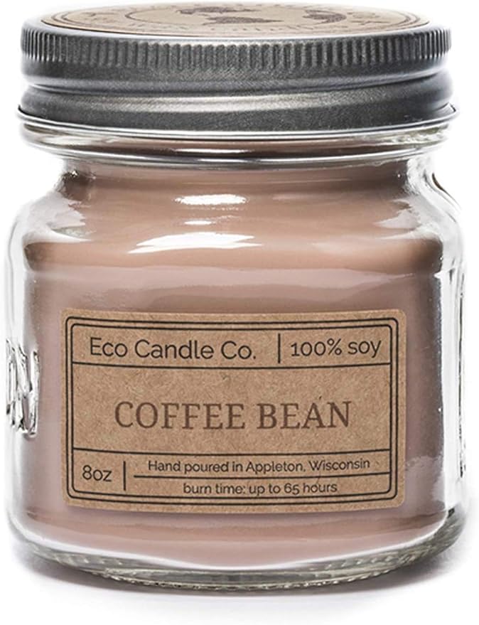 Eco Candle Co. Mason Jar Candle, Coffee Bean, 8 oz. - Scents of Coffee Beans & Hazelnut - 100% Soy Wax, No Lead, Kraft Label & Antiqued Pewter Lid, Hand Poured, Made from Midwest Grown Soybeans
