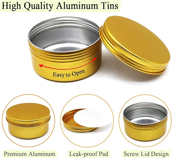 200ml Aluminum Tin Jar, Refillable Makeup Container 200g Gold Screw-up Lid Small Round Cans 7oz for Cosmetics, Lip Balm, Cream, Toner, Eyeshadow, Candle, Tea, Beads, Nails, 4 Pack Travel Tins