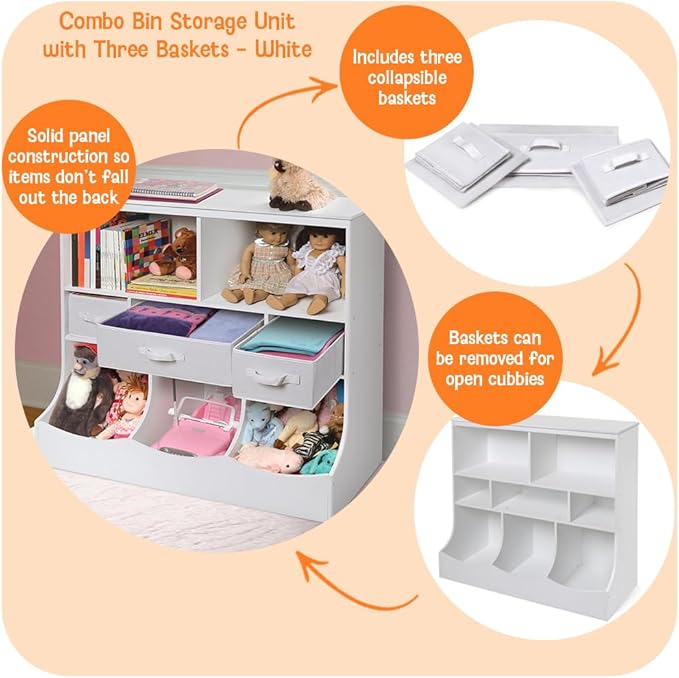 Badger Basket Combo Toy Storage Organizer and Bookshelf - Kids Storage Unit with 3 Removable Baskets, Open Shelves, Top Display Surface - White