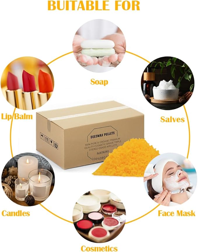 Yellow Natural Beeswax Pellets 8LB, Organic Beeswax, Beeswax for Candle Making, Body, Skin Care DIY, Lip Balm, Soap and Lotion Making Supplies