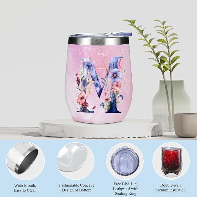 Personalized Gifts Monogrammed Birthday Gifts for Women, Her, Teacher Mother in Law Wedding Christmas Initial Wine Tumbler Makeup Bag Scented Candle Bracelet Set, (Aesthetic Pink Flower M)