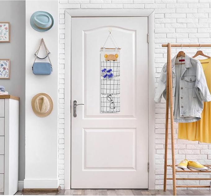 FuninCrea Linen Fabric Hanging Organizer, Waterproof Wall Storage Bag with 3 Pockets, Space Saving Hanging Wall Organizer for Living Room, Bedroom, Bathroom (White)