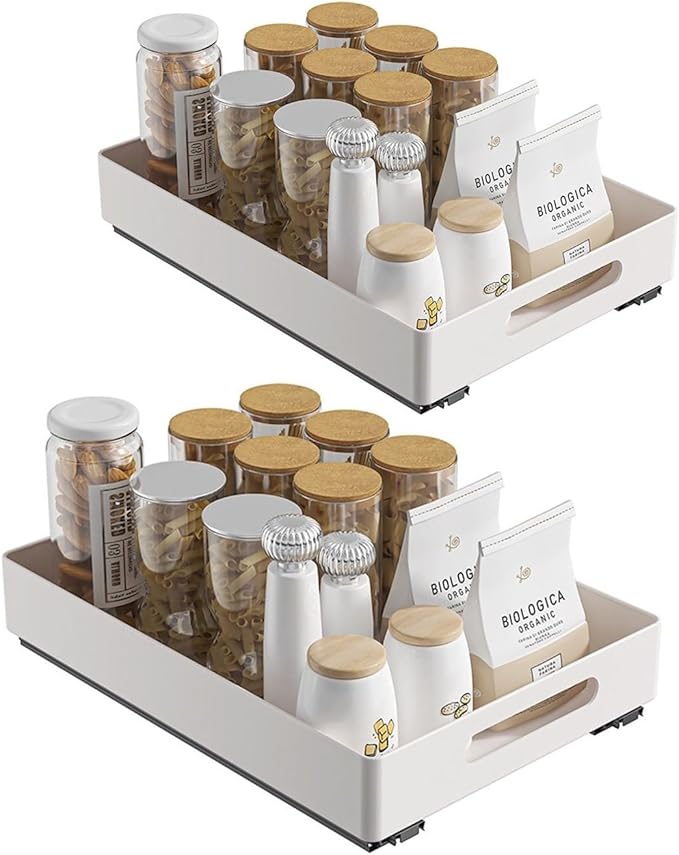 2 Pack Pull Out Cabinet Organizer, Adhesive Slide Out Drawer for Cabinets, Peel and Stick Pull Out Drawer Shelves, Multifunctional Drawer Organizers for Kitchen,Bathroom, Bedroom (White)