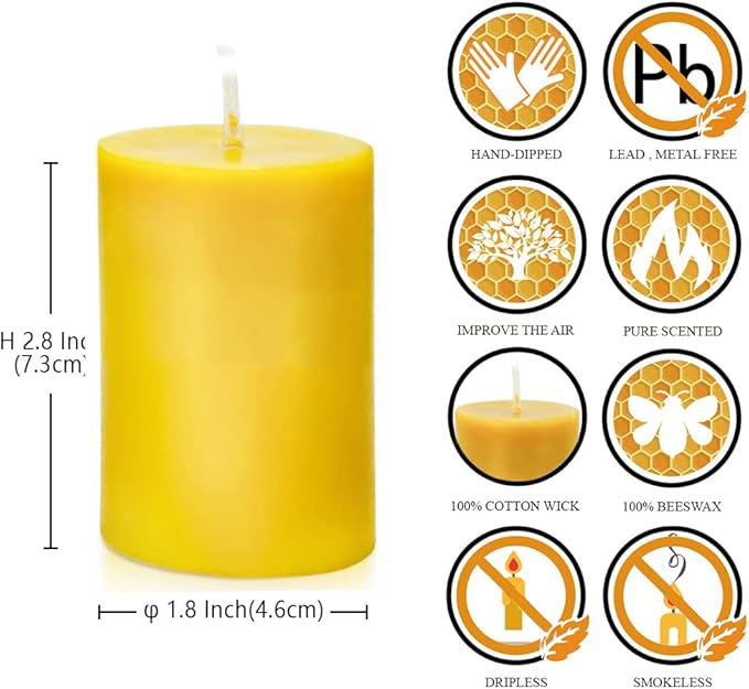 DEYBBY Natural Beeswax Pillar Candle 2x3 inch Set of 4, Dripless Smokeless Pure Beeswax Candle with Natural Scent for Prayer Home Relaxation,80 Hours Burning in Total,Yellow Raw
