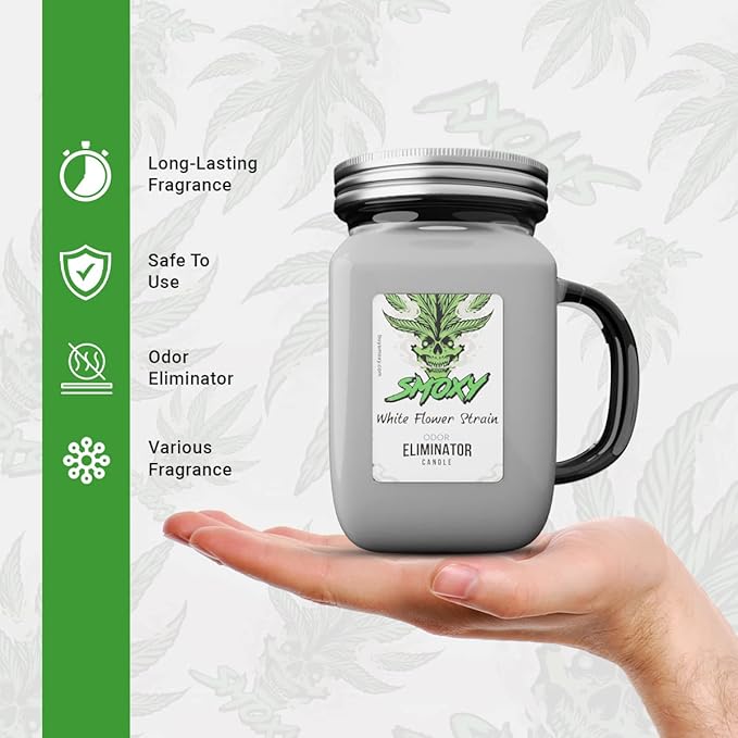 Smoxy Smoke Odor Eliminator Candle - Scented Candle for Home - Indoor Space Deodorizer & Air Freshener with Fragrance Pet Smell - Natural Palm Wax - Glass Mason Jar, 13oz. (White Flower)