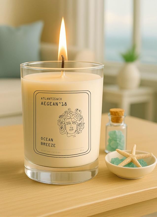 Scented Candle – Ocean Breeze (Aegean'18) – Soy Wax, Long-Lasting Burn, Aromatherapy Candle for Home & Gift – 8 oz – ATLANTIS&CO