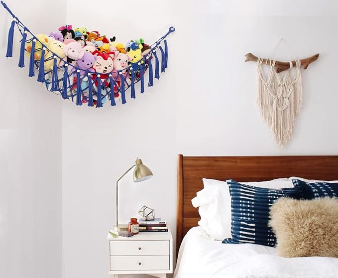 MAKEONEWO Stuffed Animal Toy Hammock Hanging-Handmade Large Blue Macrame Organizer Display Corner Plush Toys Net Holder for Boho Nursery Playroom Boy Bedroom Kids Room Storage Dark, 1 Pack