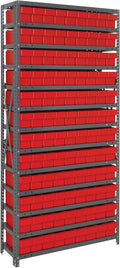 Quantum 1275-501RD Heavy Duty Shelving Unit with (13) Shelves and (108) QED501 Red Bins for Garage Warehouse Storage Distribution | 400 lb Load Capacity | 12"D x 36"L x 75"H, Galvanized Carbon Steel