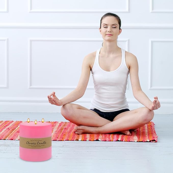 Large 3-Wick Pink Pillar Candle - 6x6 Inch Dripless & Smokeless Unscented Fat Candle, 120 Hour Long Burning Hand-Poured Thick Candle with Cotton Wicks