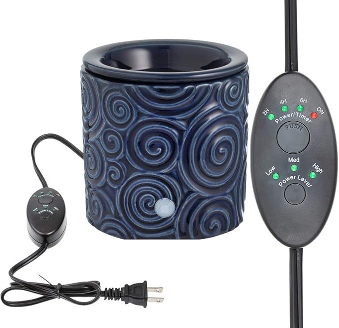 Blue Swirl Ceramic Candle Warmer Electric with Safety Timer | Automatic Plug in Fragrance Warmer for Scented Wax Melts, Cubes, Tarts | Air Freshener Set for Home Décor, Office, and Gifts