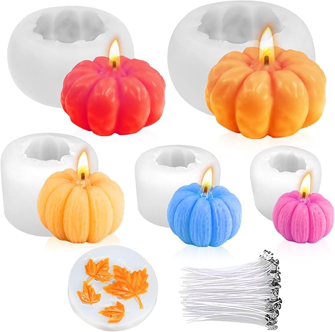 MGLIFEUL 6 pcs Upgrade Large Halloween Pumpkin Maple Leaf Candle Silicone Candle Mold with Wax Core, Halloween Fall Pumpkin Candle Resin Soap Molds Silicone Suitable for Businesses or households
