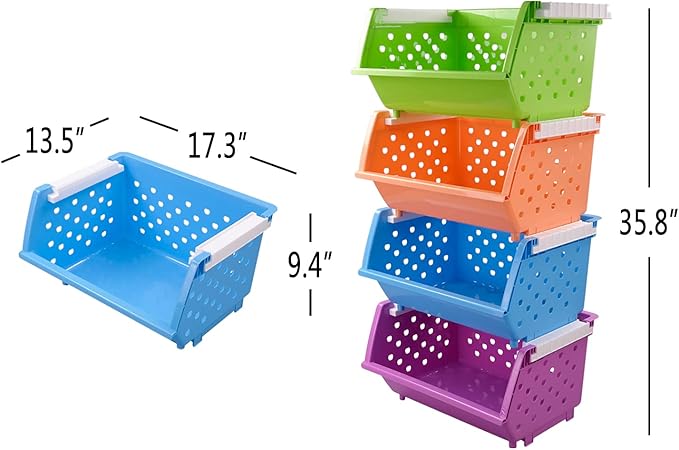 Pekky 4-Pack Large Stackable Storage Bins, Colored Plastic Stacking Basket
