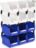 Stackable Storage Bins 12 Pack (7x5x4 Inch), Plastic Stackable Storage Organizer Bins Wall Mounted Hanging Small Parts Bin for Garage, Workbench & Office (Blue & White)