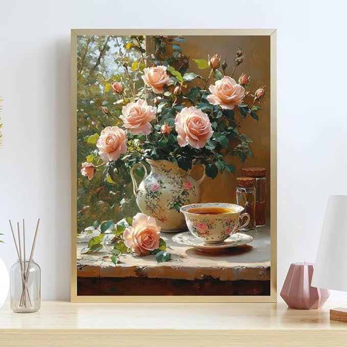 Diamond Painting Kits for Adults Tea Diamond Painting Kits Flower 5D Full Square Drill Strass Crystal Crafts for Adults DIY Art Kit for Beginner, Home Wall Art, Gifts for Women 24x35in R-49950Q